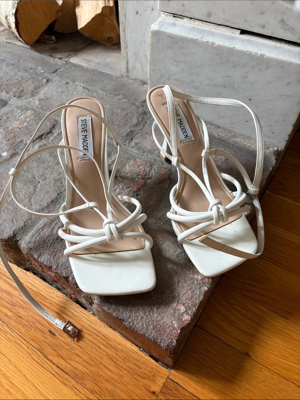 Steve Madden White Knotted Strappy Square-Toe Heels